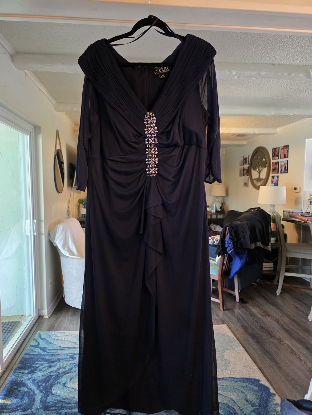 Alex Evenings Navy Blue Beaded V-Neck Maxi Dress